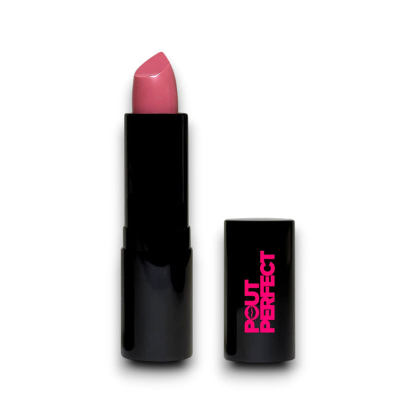 Pout Perfect luxury mauve lipstick in sleek black tube with pink logo and creamy texture