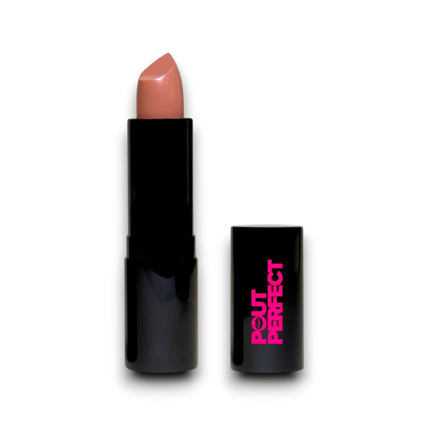 Pout Perfect luxury nude lipstick in sleek black packaging with creamy nude shade