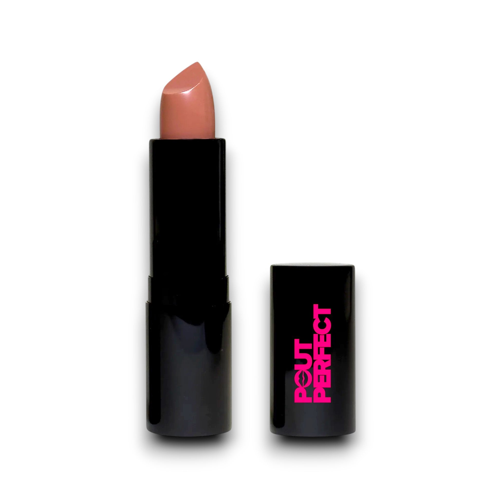 Pout Perfect luxury nude lipstick in sleek black packaging with creamy nude shade