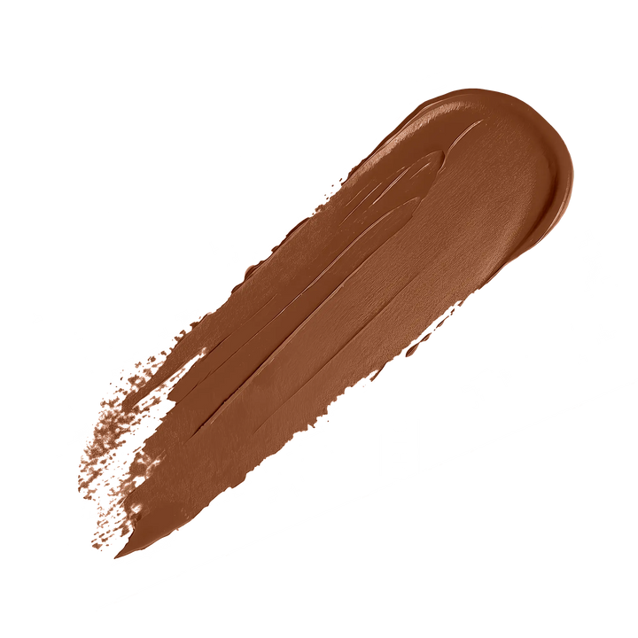 Pout Perfect luxury nude lipstick creamy brown shade swatch on black background
