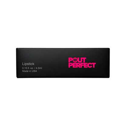 Pout Perfect luxury red lipstick USA in sleek black packaging with bold pink logo