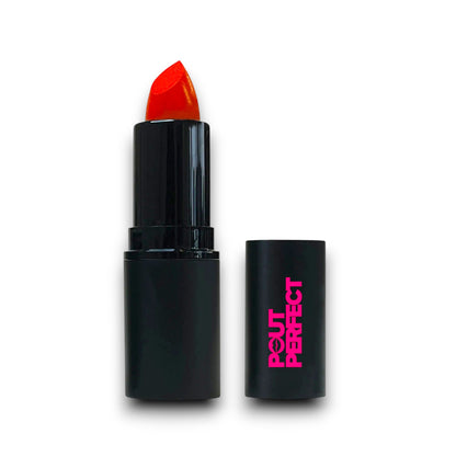 Pout Perfect luxury red lipstick USA with sleek black packaging and bold red shade