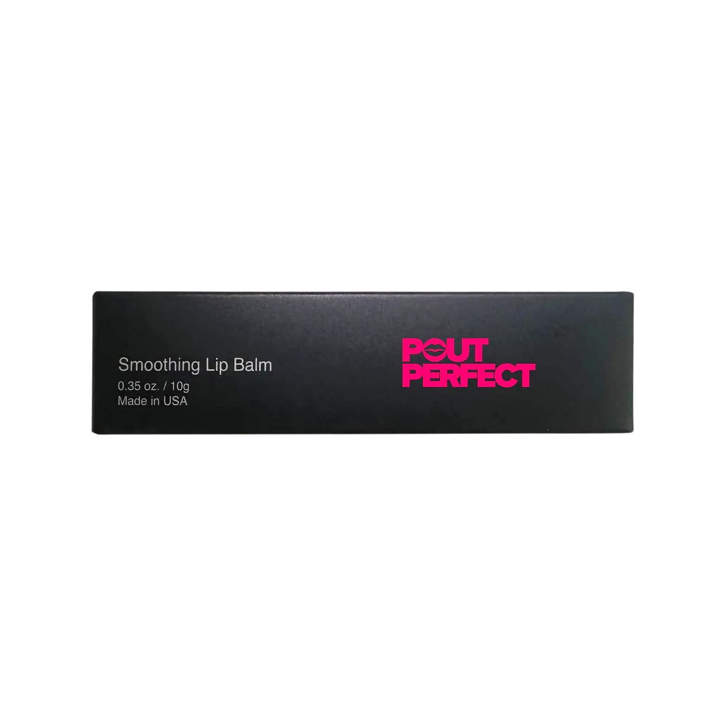 Pout Perfect luxury smoothing lip balm black packaging with pink logo and product details