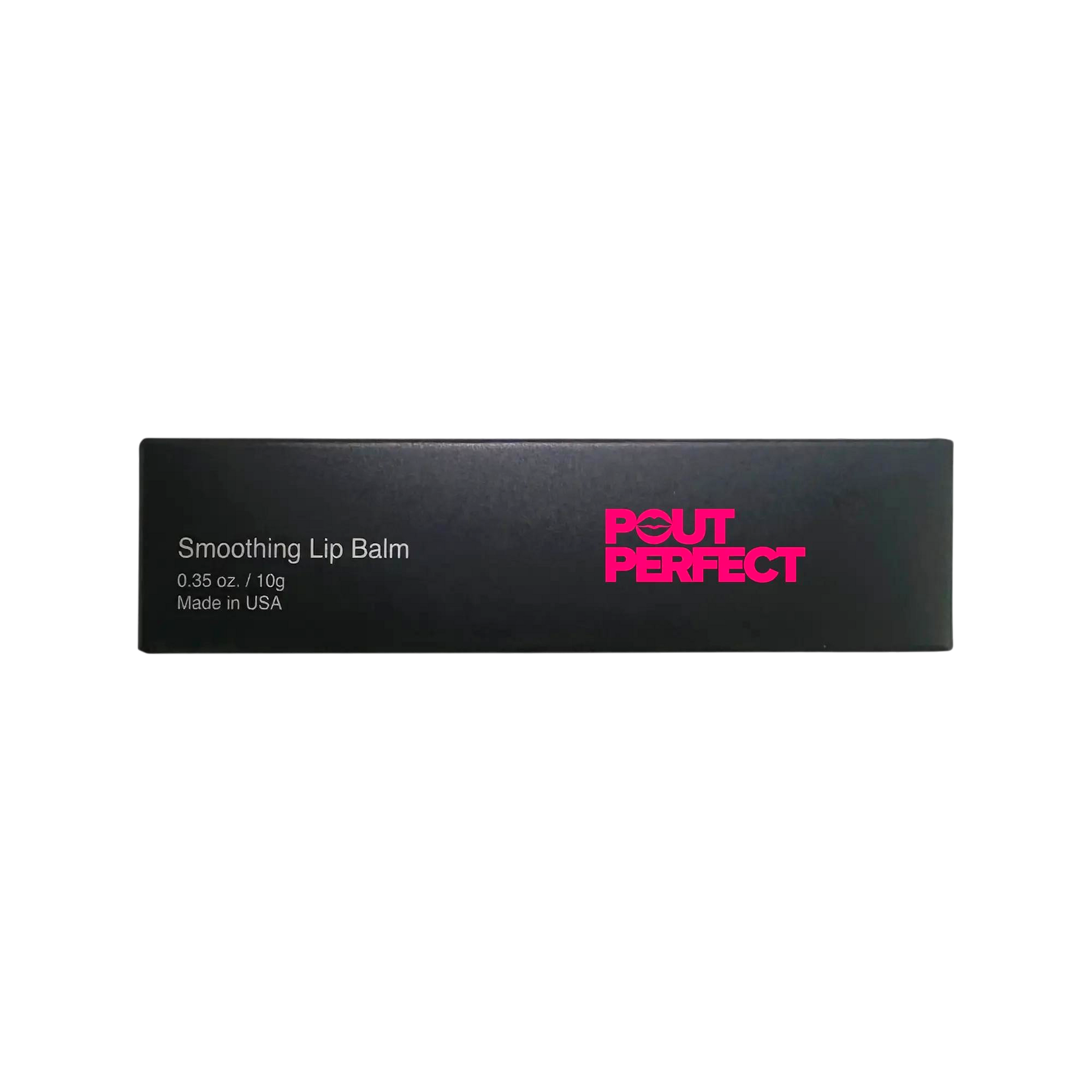 Pout Perfect luxury smoothing lip balm black packaging with pink logo and product details