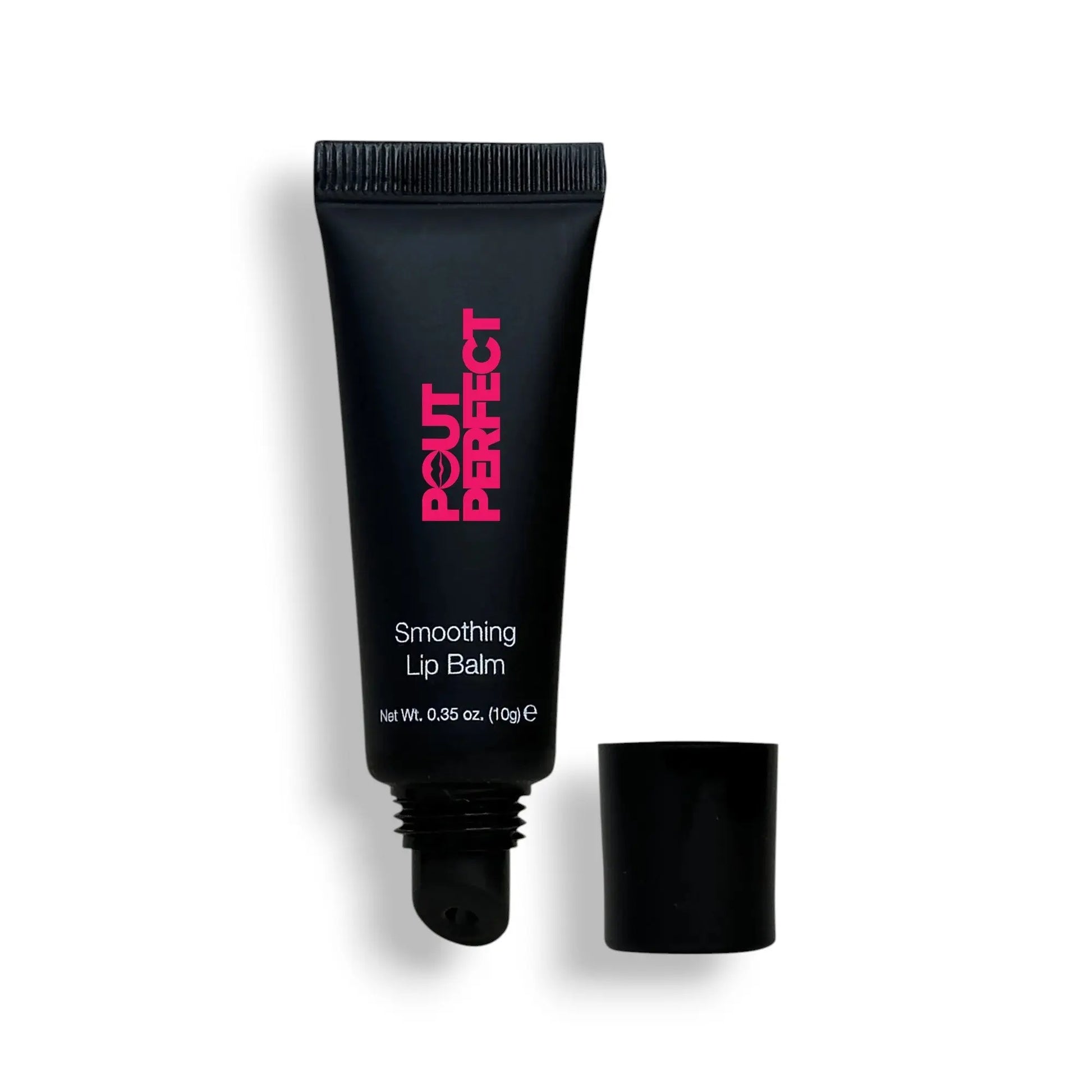 Pout Perfect luxury smoothing lip balm in sleek black tube with pink logo and open cap