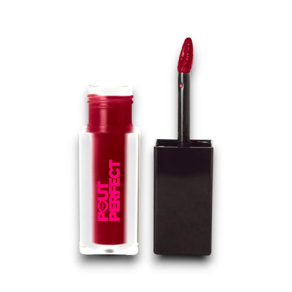 Pout Perfect matte lip stain dark sienna with applicator wand and bold red packaging