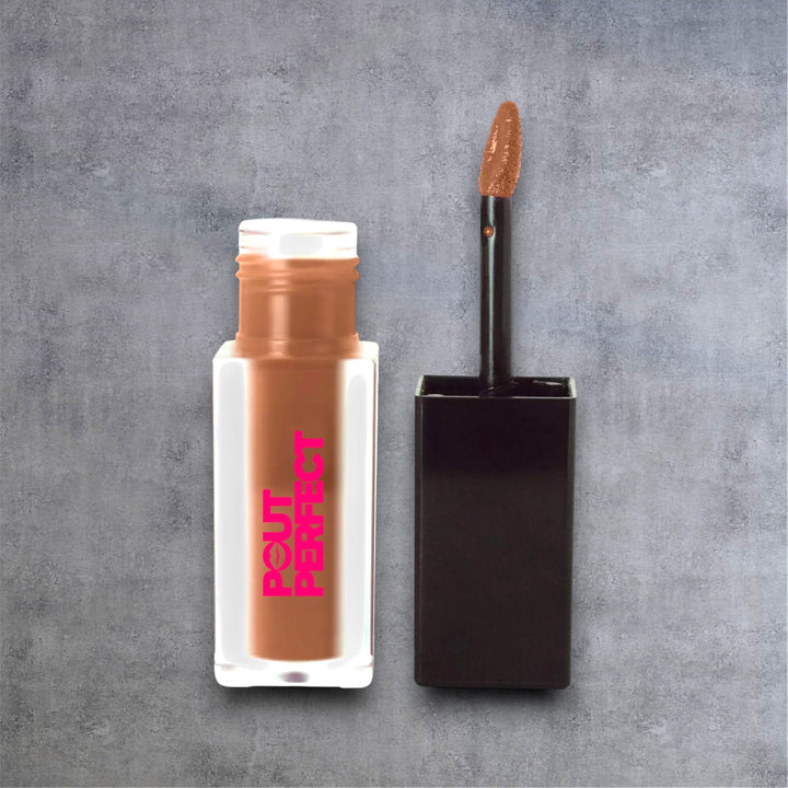 Pout Perfect matte lip stain taupe in clear bottle with black applicator on gray background