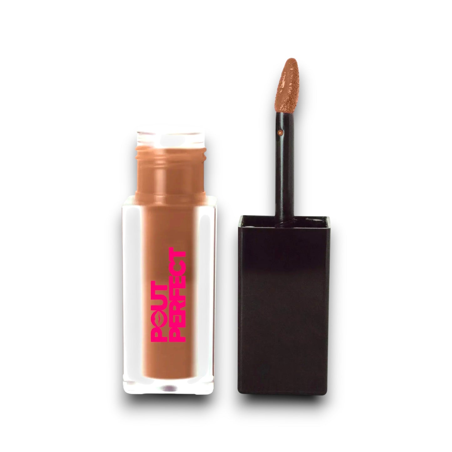 Pout Perfect matte lip stain taupe shade with applicator wand and clear square bottle