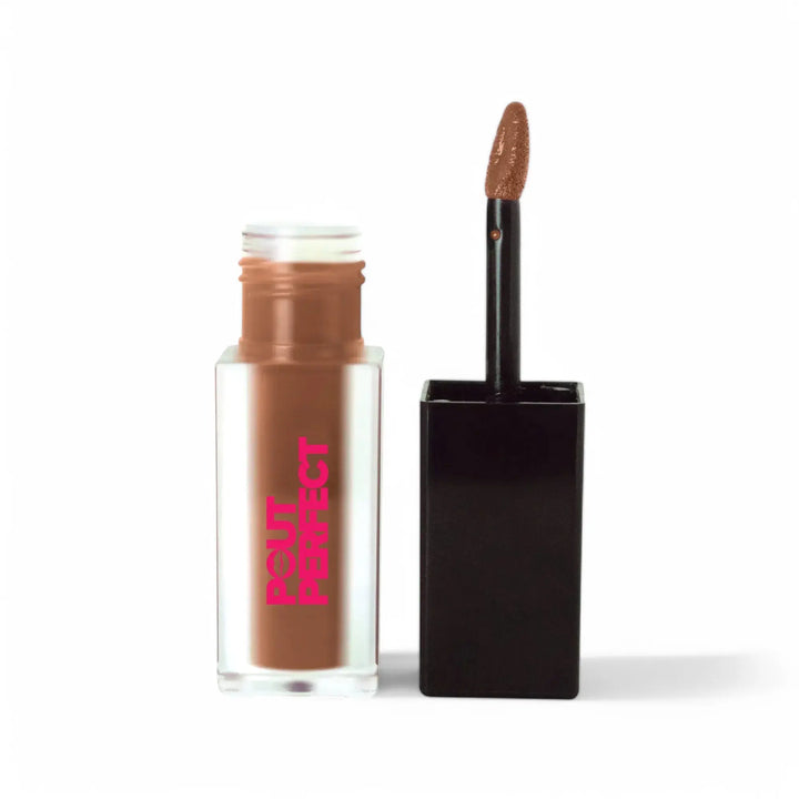 Pout Perfect matte lip stain taupe with applicator wand and clear square bottle
