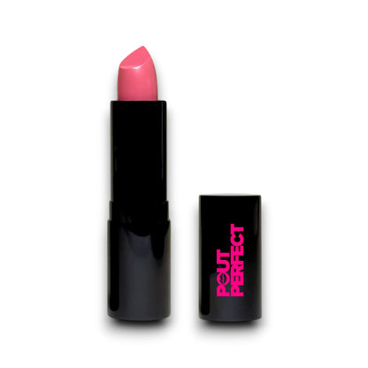 Pout Perfect mauve lip kit featuring a sleek black lipstick tube with pink branding and mauve lipstick