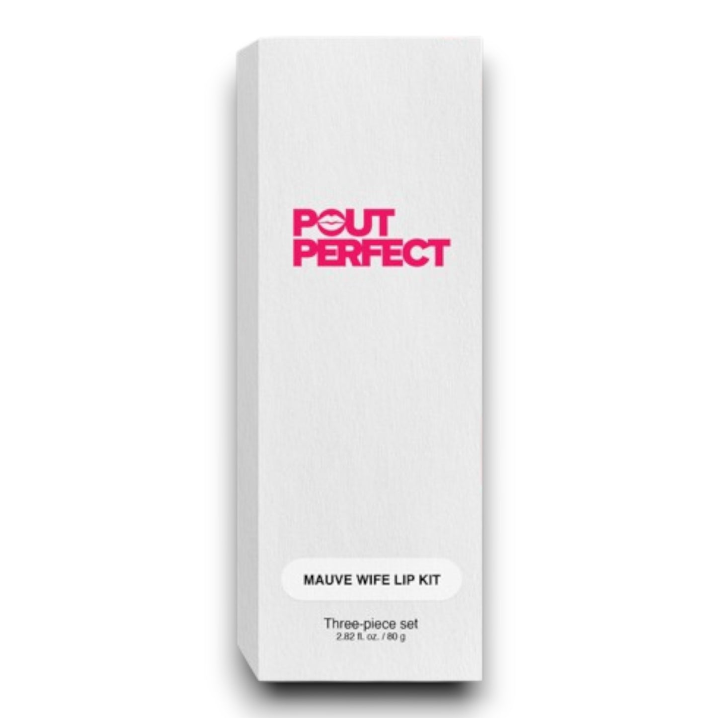 Pout Perfect mauve lip kit in white packaging with bold pink logo and three-piece set label