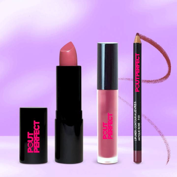 Pout Perfect mauve lip kit featuring lipstick, lip gloss, and lip liner with mauve tones