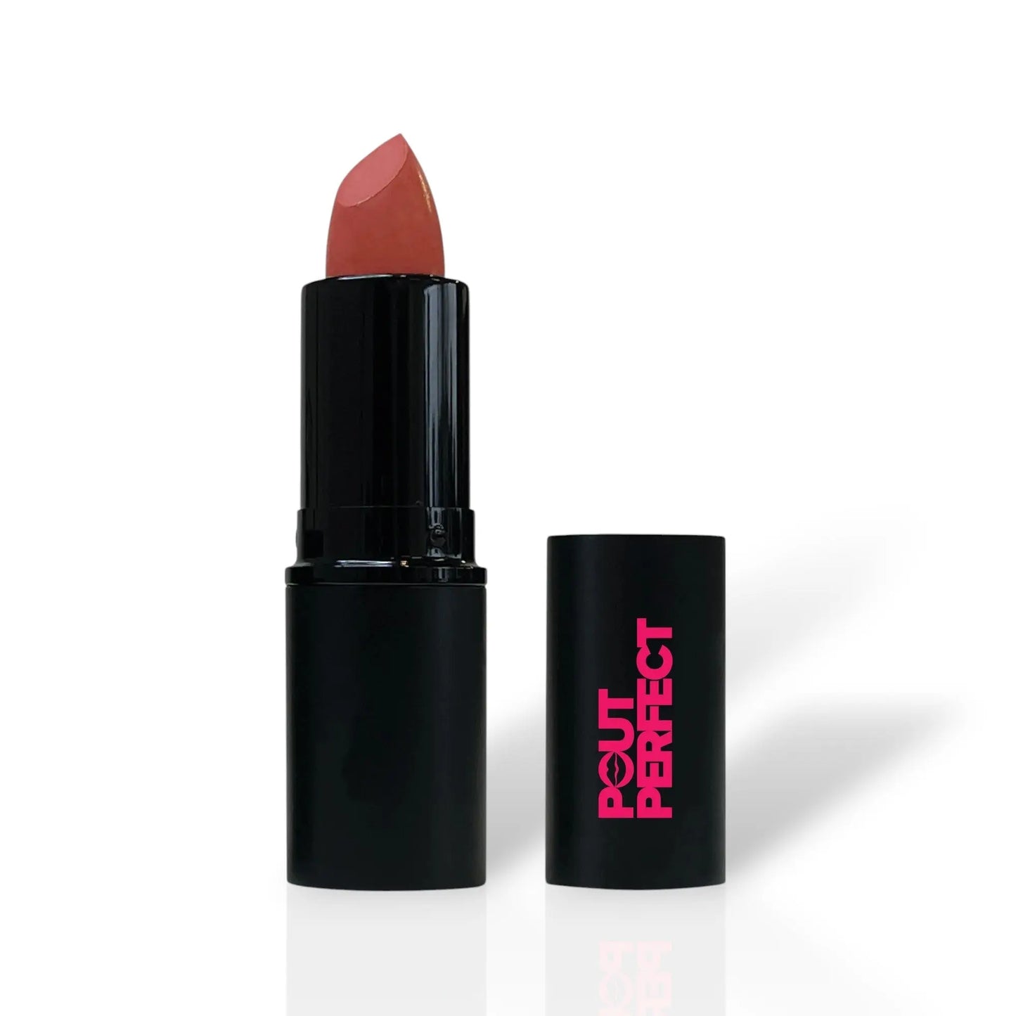 Pout Perfect mauve lipstick in sleek black tube with pink logo on cap