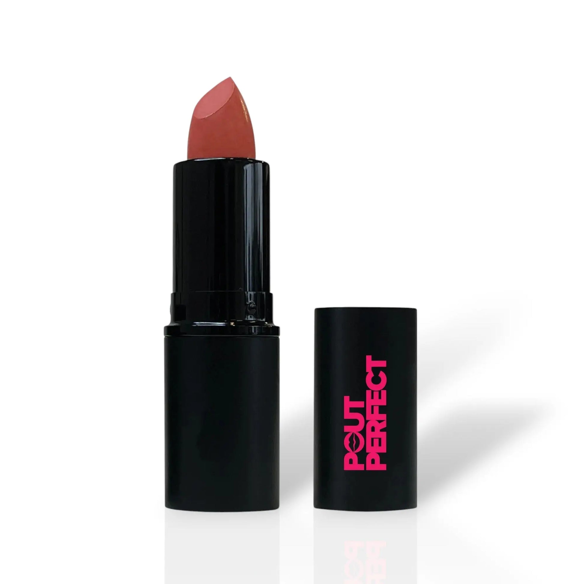 Pout Perfect mauve lipstick in sleek black tube with pink logo on cap