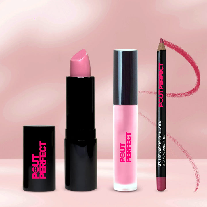 Pout Perfect pink lip kit with lipstick, lip gloss, and lip liner on a pink background