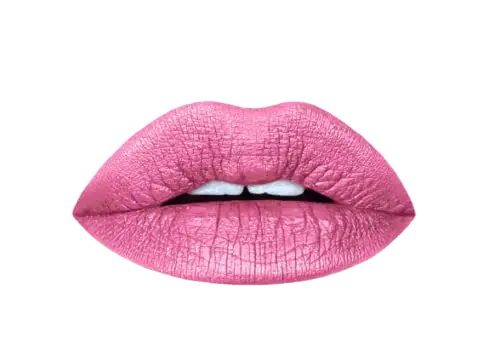 Pout Perfect pink lip kit with smooth matte finish on full lips against black background