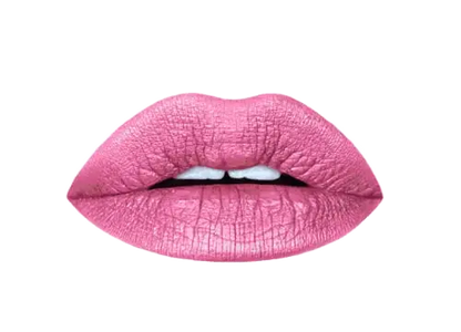Pout Perfect pink lip kit with smooth matte finish on full lips against black background