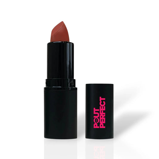Pout Perfect plum wine lipstick in sleek black tube with bright pink logo and cap removed