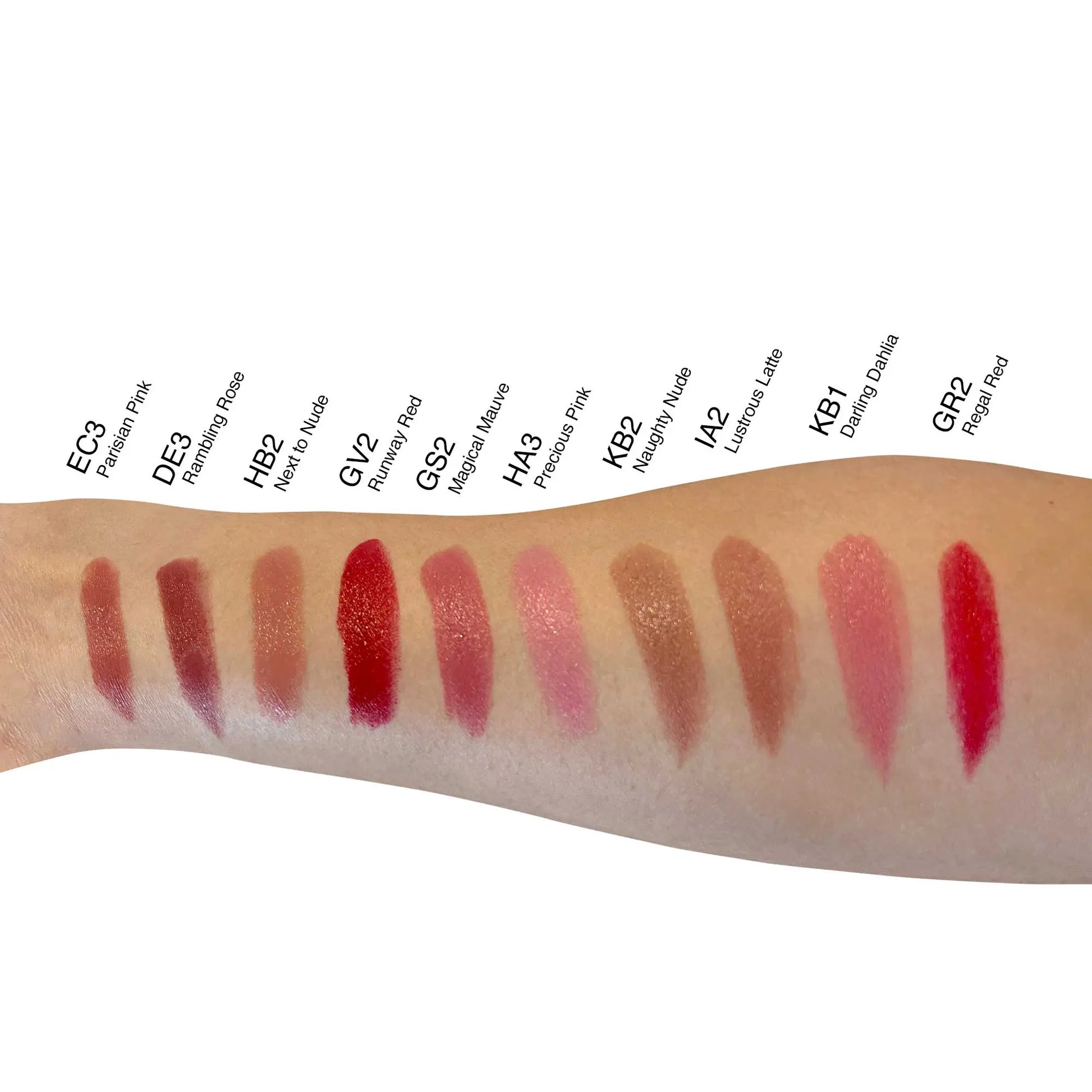 Pout Perfect luxury cream lipstick swatches including red runway lipstick on forearm