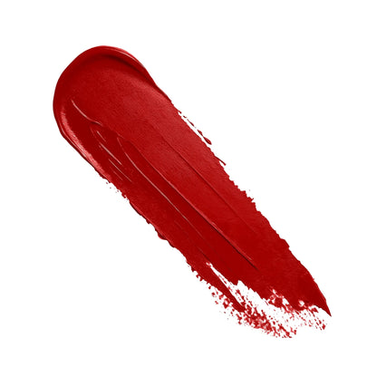 Pout Perfect luxury cream lipstick swatch in vibrant red runway lipstick shade on white background