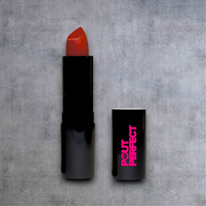 Pout Perfect luxury cream lipstick in vibrant red color with black sleek packaging red runway lipstick