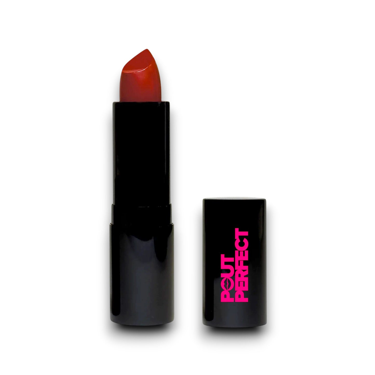 Pout Perfect luxury cream lipstick in vibrant red featuring red runway lipstick shade with sleek black packaging