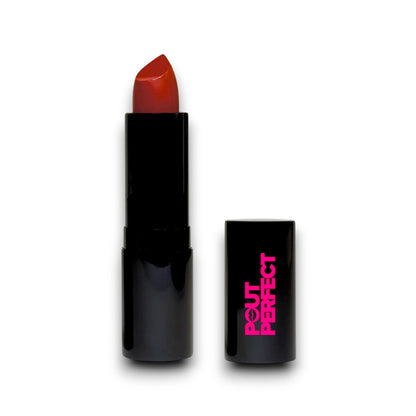 Pout Perfect luxury cream lipstick in vibrant red featuring red runway lipstick shade with sleek black packaging