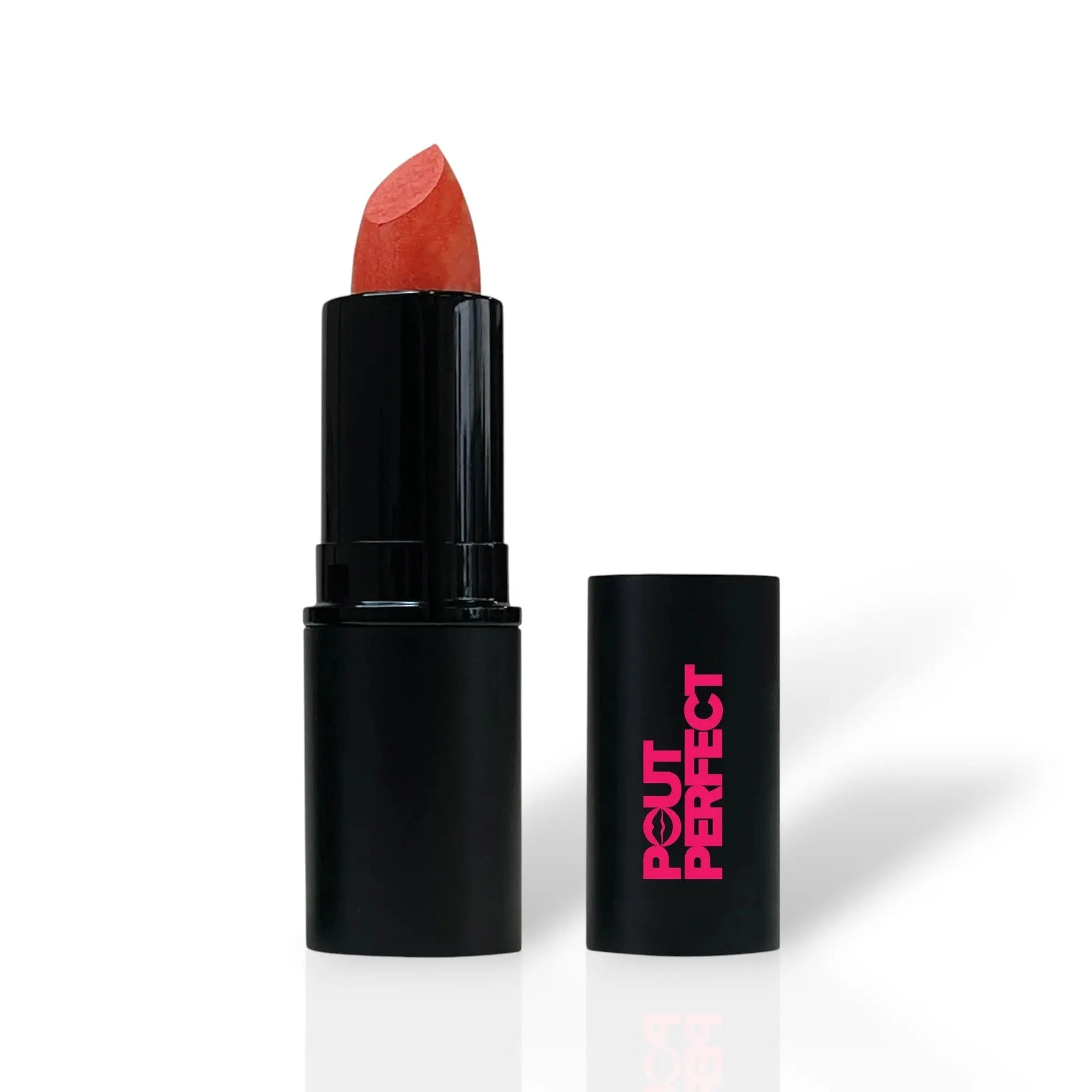 Pout Perfect red signature lipstick in sleek black tube with cap beside it on white background