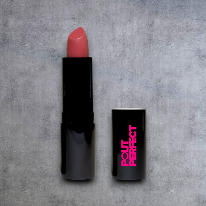 Pout Perfect luxury cream rose pink lipstick for women with black sleek packaging on gray background