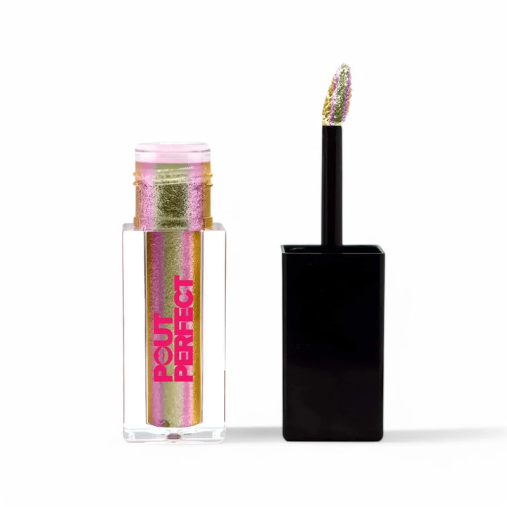 Pout Perfect rosy liquid shimmer lip gloss with gold and pink glitter in clear tube and black cap applicator