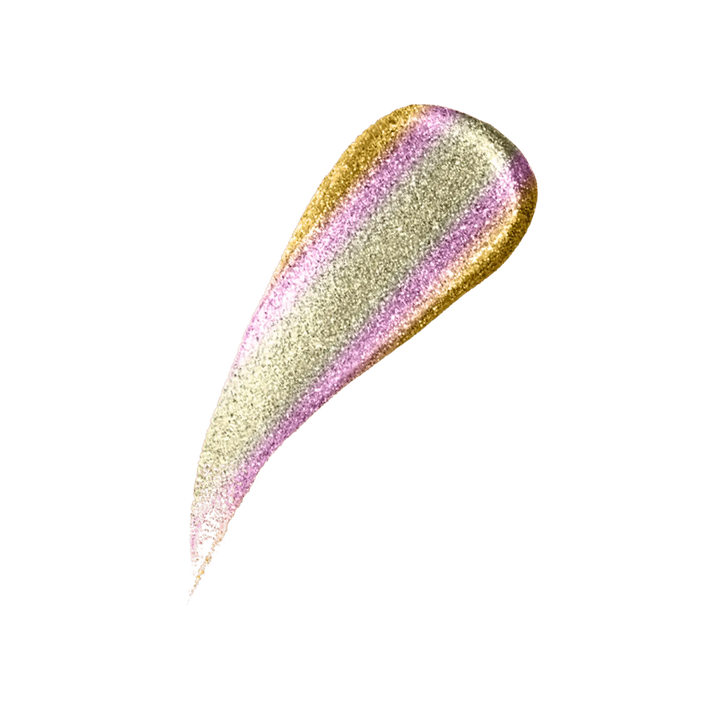 Pout Perfect rosy liquid shimmer lip gloss swatch with gold and pink glitter on black background
