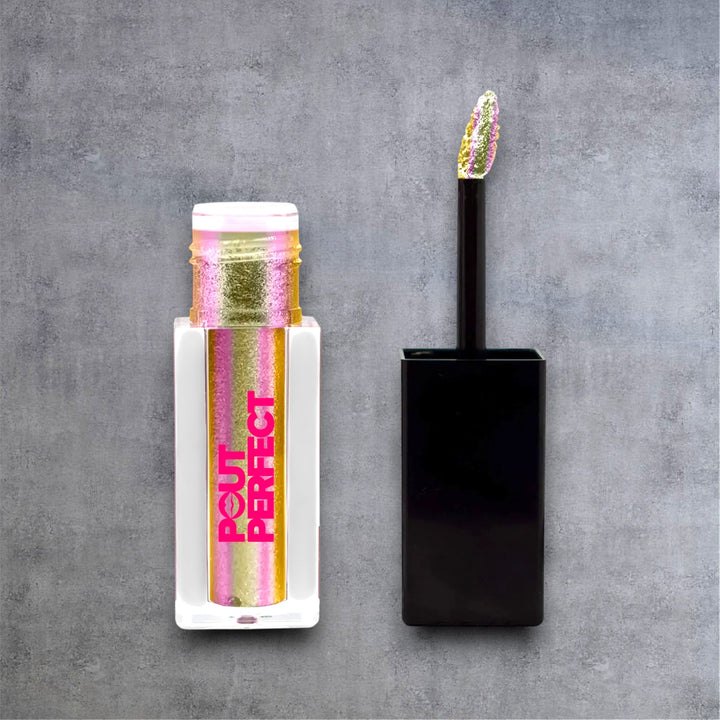 Pout Perfect rosy liquid shimmer lip gloss with applicator wand and clear bottle showing pink and gold shimmer