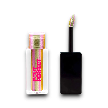 Pout Perfect rosy liquid shimmer lip gloss with pink and gold glitter in clear tube and black applicator