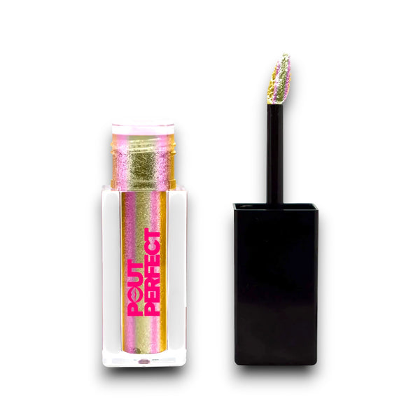 Pout Perfect rosy liquid shimmer lip gloss with pink and gold glitter in clear tube and black applicator