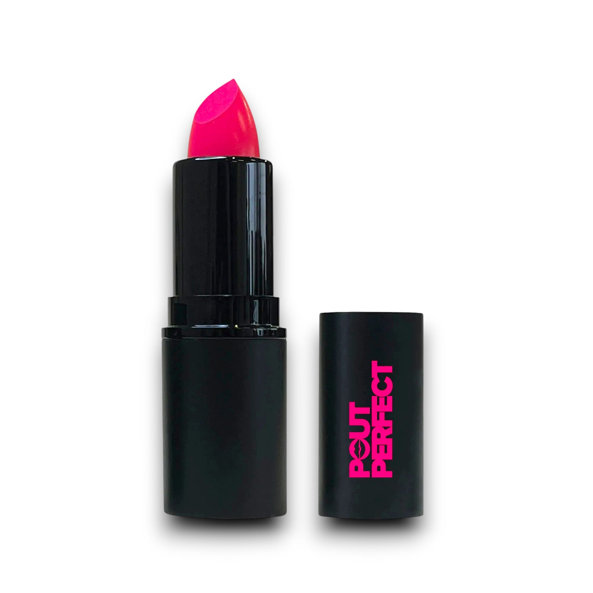 Pout Perfect lipstick in vibrant pink shade with black tube and cap featuring bold logo Signature Lipstick Pink Pizzazz review