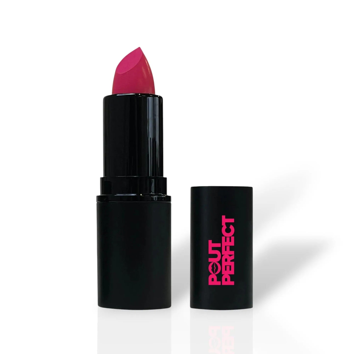 Pout Perfect Signature Lipstick Pink Pizzazz review showing vibrant pink lipstick in black tube with pink logo