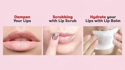 Step-by-step usage of Pout Perfect sugar mint lip scrub showing dampening lips, scrubbing, and hydrating with lip balm
