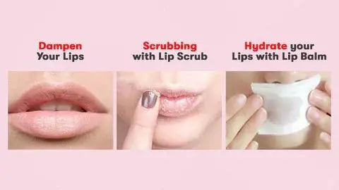 Step-by-step usage of Pout Perfect sugar mint lip scrub showing dampening lips, scrubbing, and hydrating with lip balm