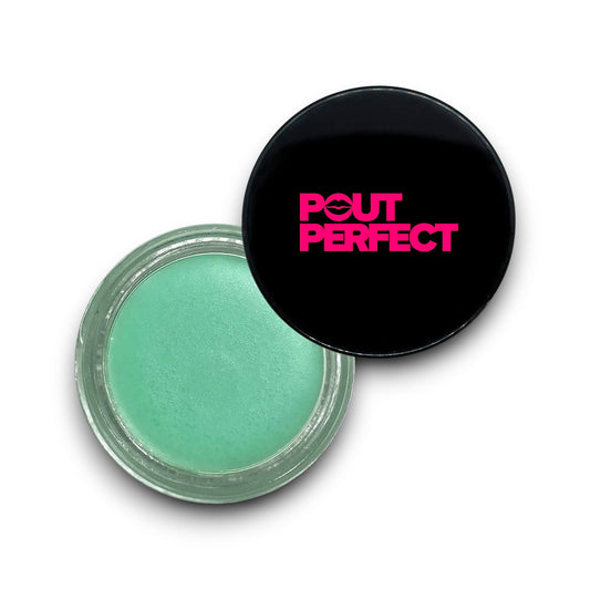 Pout Perfect sugar mint lip scrub in a clear jar with black lid featuring pink logo
