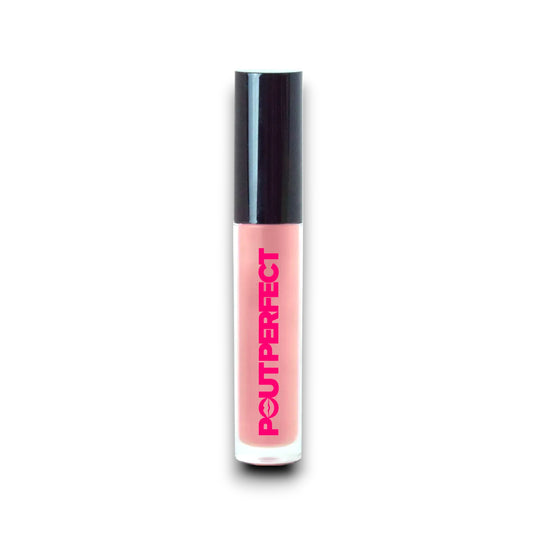 Pout Perfect pink tropical lip gloss in a sleek tube with black cap