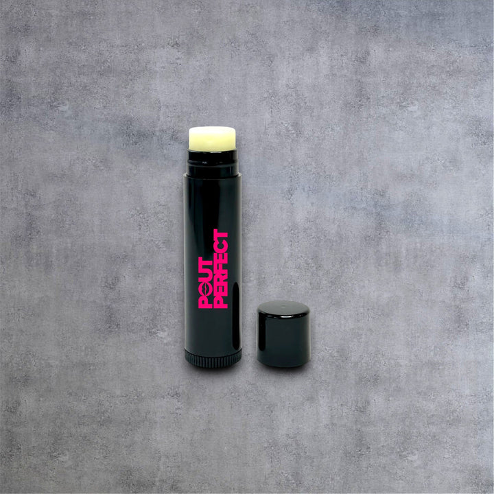 Pout Perfect lip balm in black tube with pink logo and cap off showing balm stick