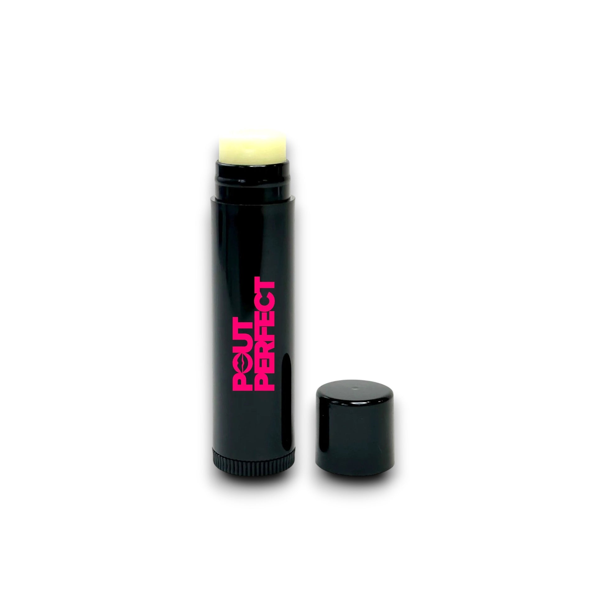 Pout Perfect black lip balm tube with pink logo and cap removed showing balm stick