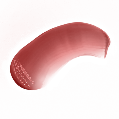 Smooth swatch of warm rose lip gloss by Pout Perfect with glossy finish on black background