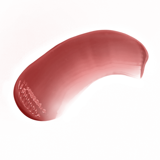 Smooth swatch of warm rose lip gloss by Pout Perfect with glossy finish on black background