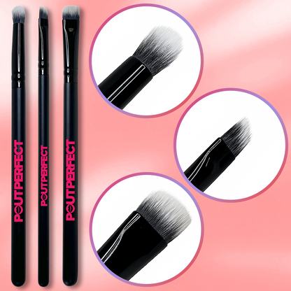 Pout Perfect 3-piece lip brush bundle with black handles and soft white bristles close-up