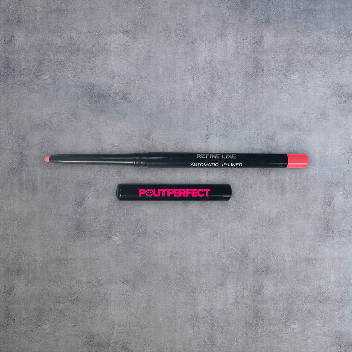 Pout Perfect automatic lip liner in black casing with pink tip and cap on gray background