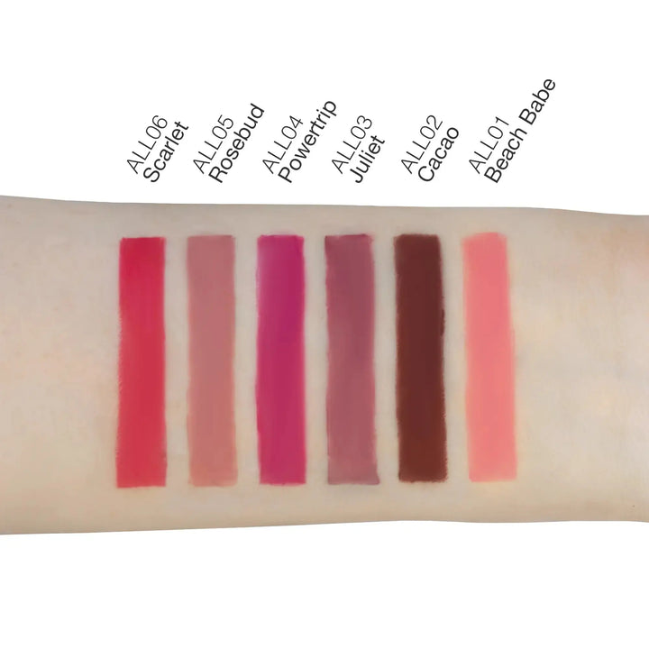 Pout Perfect automatic lip liner for precise application swatches in six shades on arm