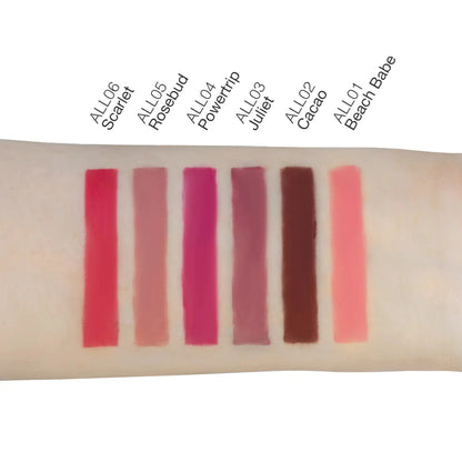 Swatches of Pout Perfect automatic lip liner in six shades including Scarlet, Rosebud, Powertrip, Juliet, Cacao, and Beach Babe