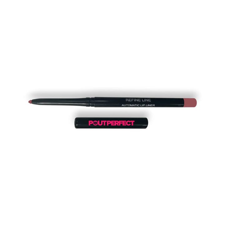 Pout Perfect automatic lip liner pencil in deep rose shade with black cap and sleek design
