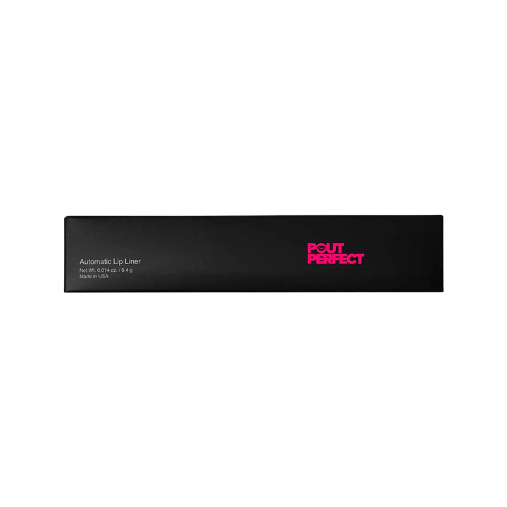 Pout Perfect automatic lip liner rosebud in sleek black packaging with pink logo and product details